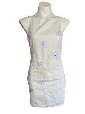 Sleeveless White Mini Dress with Light Blue Floral Embroidery